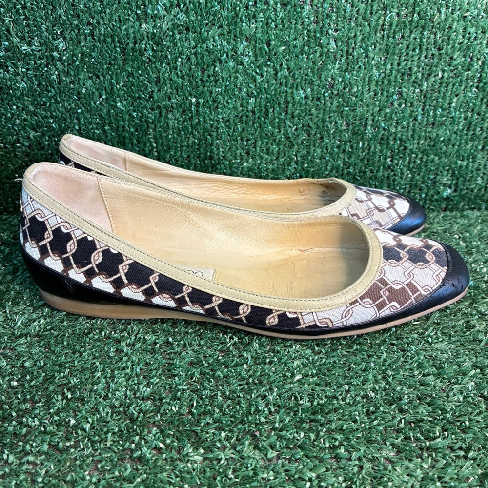 Jimmy Choo Chain Link Canvas Leather Cap Toe Designer Ballet Flat Brown Womens 8